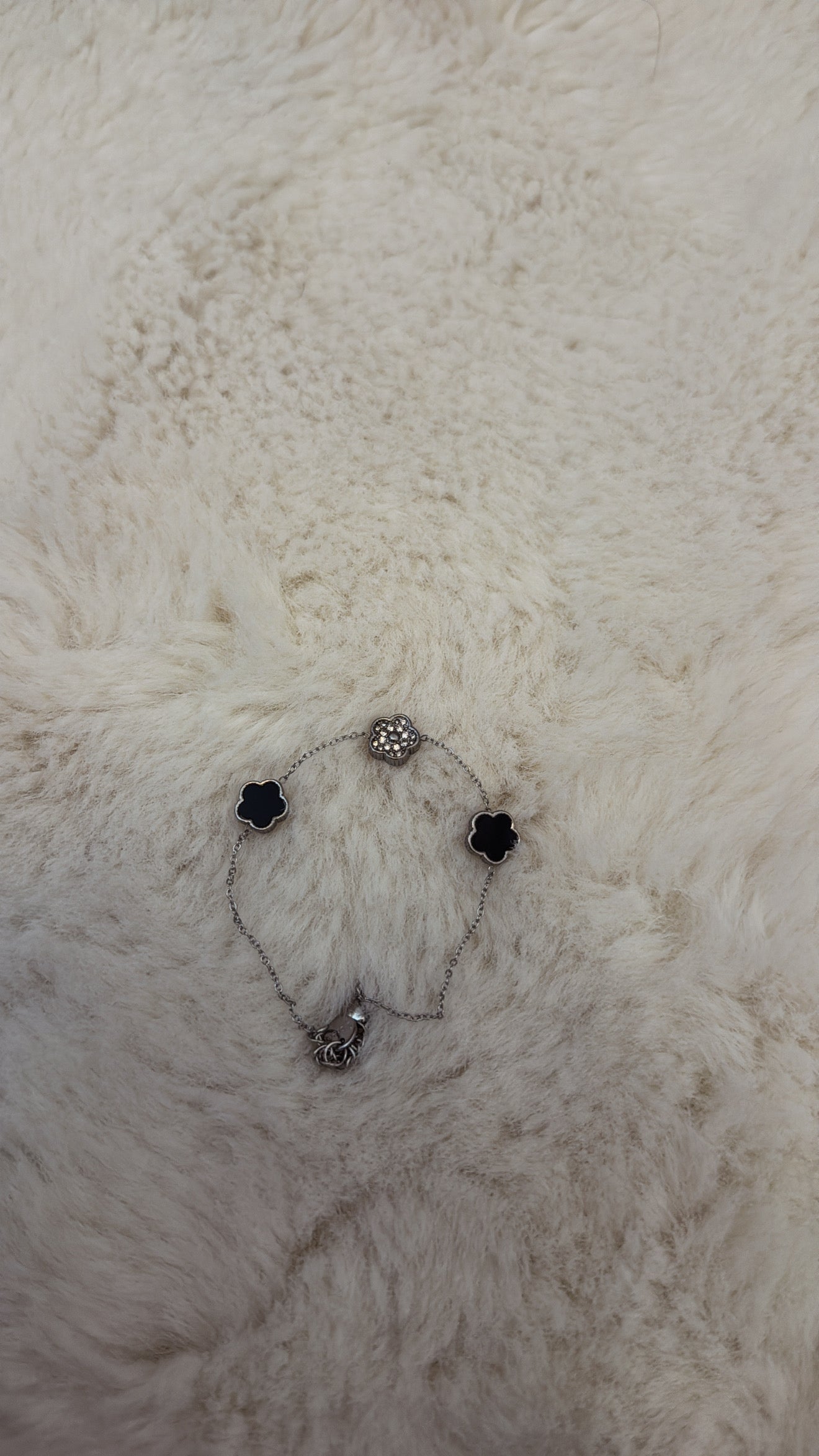 Bracelet trèfle double face noir et strass en acier inoxydable