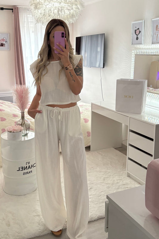 Ensemble, top, court et pantalon effet lin
