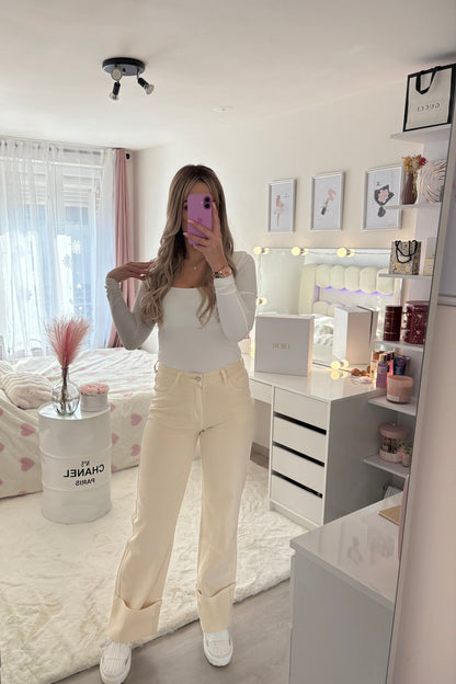 Jeans Straight fit taille mi haute à revers