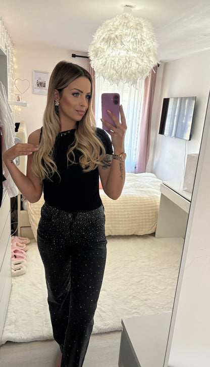 Jeans strass à paillettes taille haute