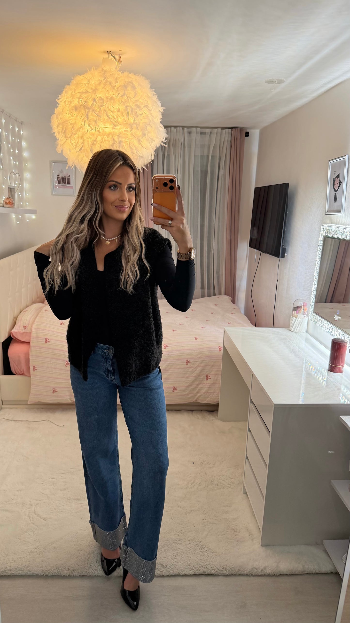 Jeans droit ourlet strassé