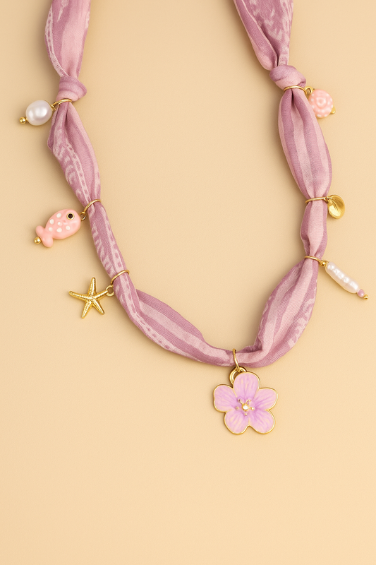 Collier ruban rose et fleur violette